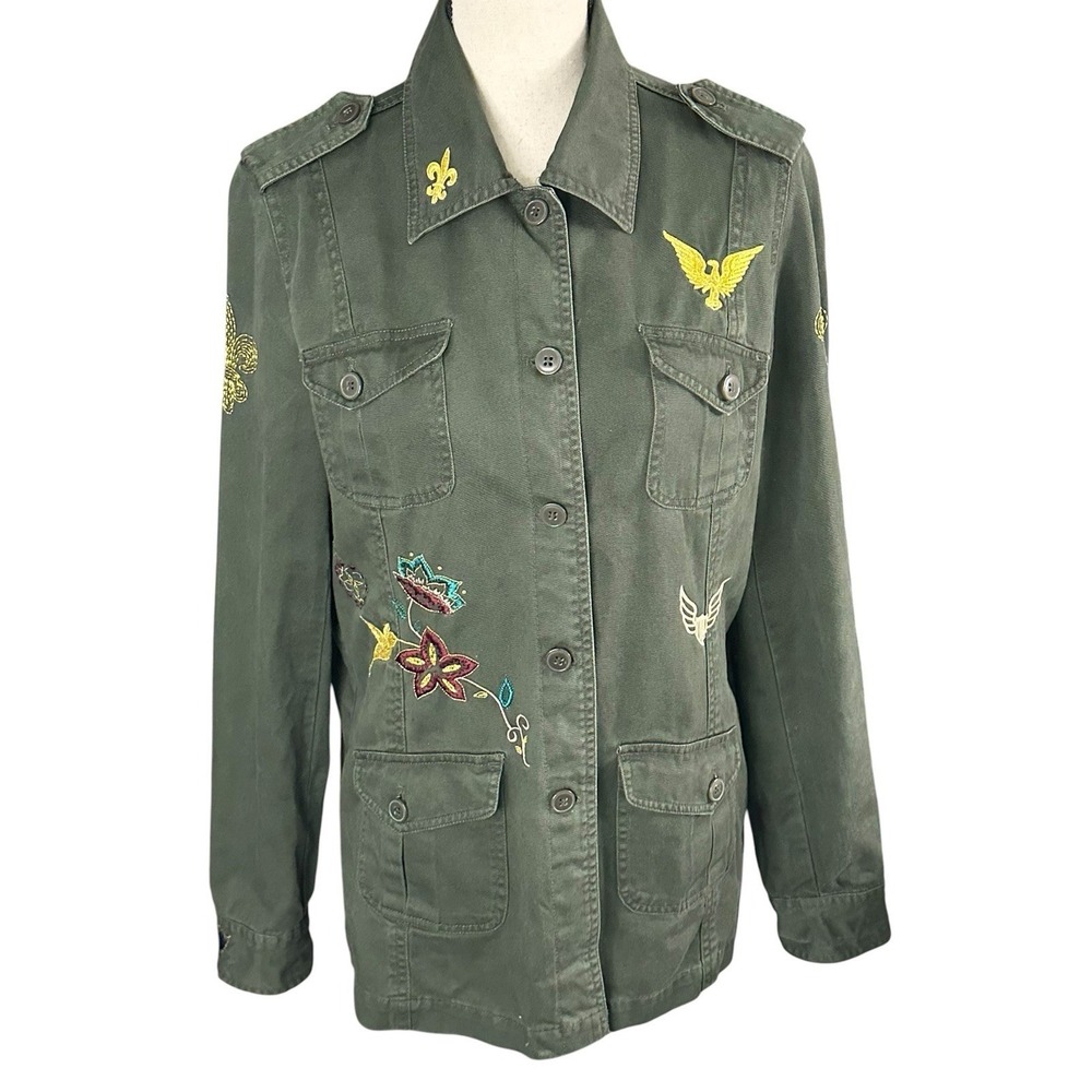 True Meaning Women's Jacket Cargo L Military Army‎ Blazer Green Embroidered